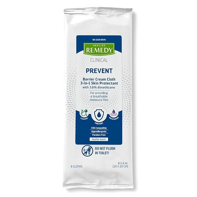 Medline Remedy Clinical 3-in-1 Barrier Cream Cloth, 8 count (1 Pack), 8 x 8 in Adult Wet Wipes, Vanilla Scent, Incontinent Care, Dimethicone, Irritated Skin, Soothing, Nourishing, Gentle