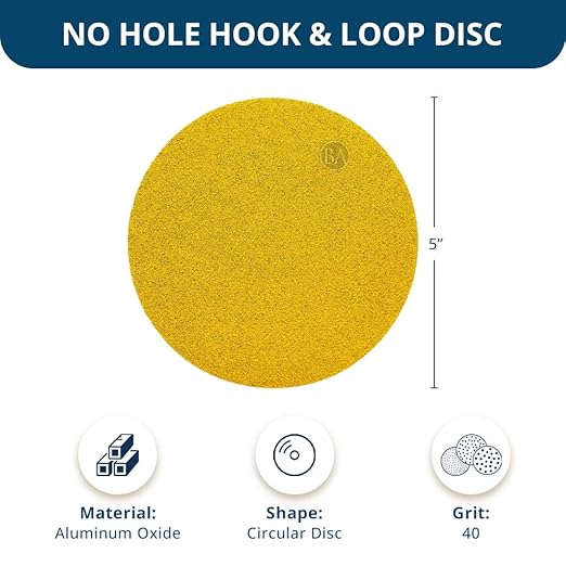 Benchmark Abrasives 5" Premium Aluminum Oxide Stearated Gold No Holes Hook and Loop Discs for Sanding of Metals Non-Ferrous Metals Wood Plastic Fiberglass (Pack of 50) - 40 Grit