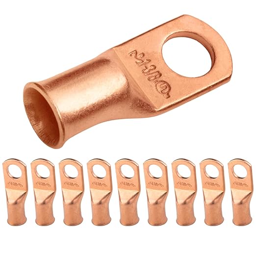 SELTERM 10pcs 1 AWG - 3/8" Stud - Battery Lugs, Heavy Duty Wire Lugs, Ring Terminals, Battery Cable Ends,1 Gauge Terminals, UL Bare Copper Eyelets Electrical Battery Terminal Connectors