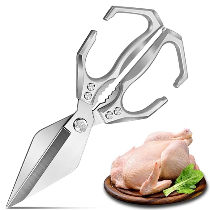 Multi-Purpose Kitchen Scissors,stainless steel scissors,Poultry Shears,Sharpeners Bottle Openers Zester and More Stainless Steel,for opening cans and heavy duty poultry cutting (Silver)