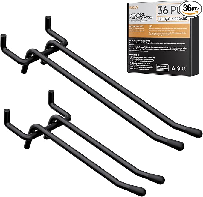INCLY 4/6 Inch Black Pegboard Hooks, 36 Pack Heavy Duty Double Arm Peg Board Straight Hooks, Peg Board Tool Hangers Fit for 1/4" Pegboard Garage Hanging Tools, Craft Organizing, Kitchen, Store