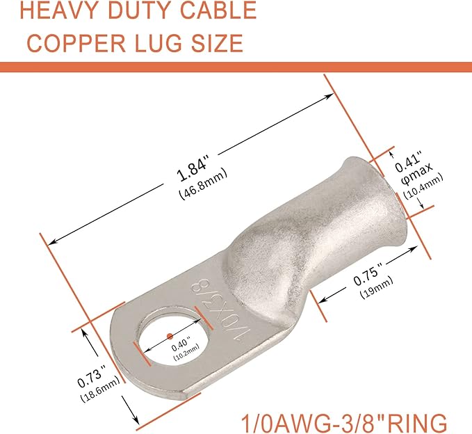 10pcs 1/0 AWG-3/8(M10) Tinned Copper Ring Terminals Battery Lugs, Heavy Duty Wire Lugs, Battery Cable Connectors