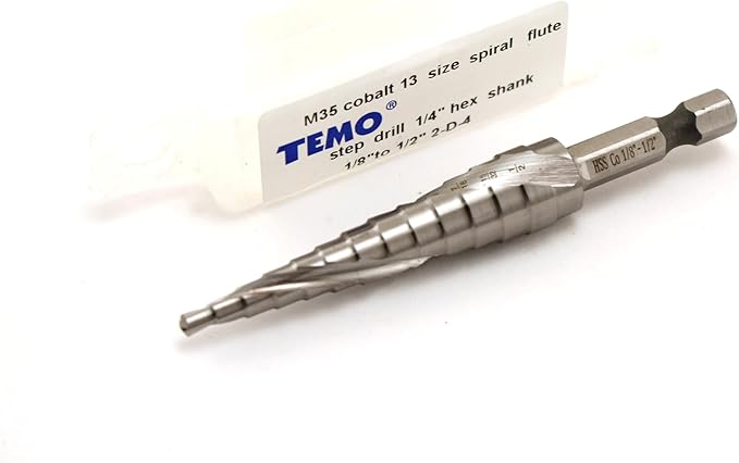 TEMO M35 Cobalt Spiral Flute Step Drill, 13 Size 1/8 Inch To 1/2 Inch, 1/4 Inch Hex Shank