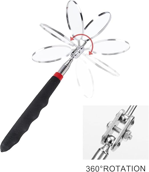 6 Pcs Extended Handle Telescopic Mirror Set - Car Inspection Mirror, 50mm Diameter, Round Handle, 360-Degree Rotation, Stainless Steel Universal Folding Telescopic Round Mirror (Black)