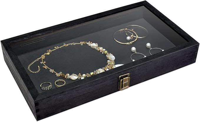 MOOCA Wood Tempered Glass Top Jewelry Display Case Accessories Storage Box by Mooca