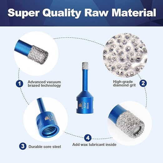 5/16 Inch Diamond Core Drill Bit for Porcelain Tile Ceramic Marble Granite Drilling,BRSCHNITT 2pcs Vacuum Brazed Diamond Hole Saw with 5/8-11 Thread (8mm 2pcs)