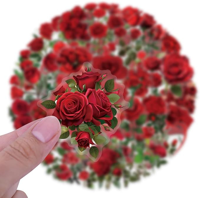60 Pcs Red Rose PET Transparent Sticker | Self-Adhesive Scrapbooking Stickers - Image 3