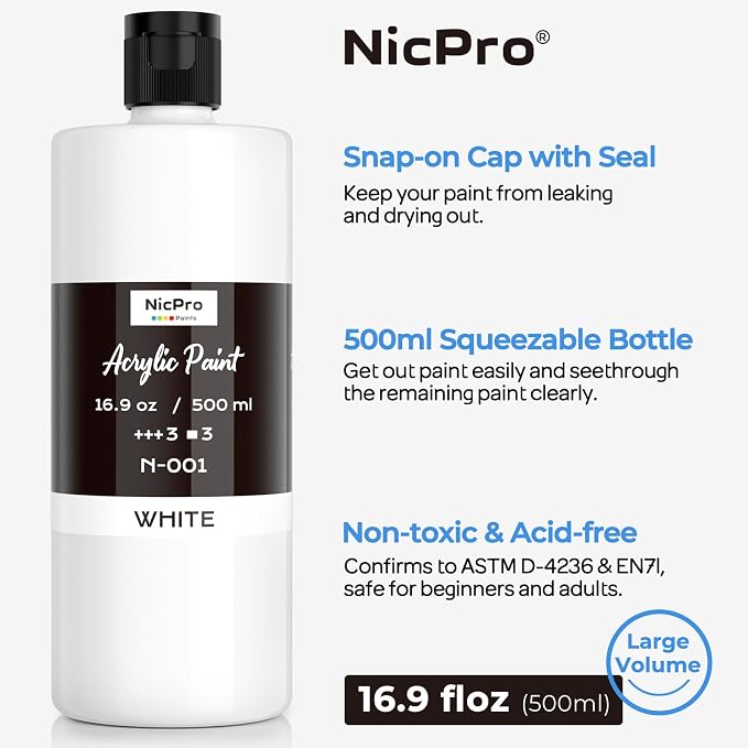 Nicpro 3 Pack White Large Acrylic Paint, Rich Pigments, Non Toxic Craft Paint - Image 2