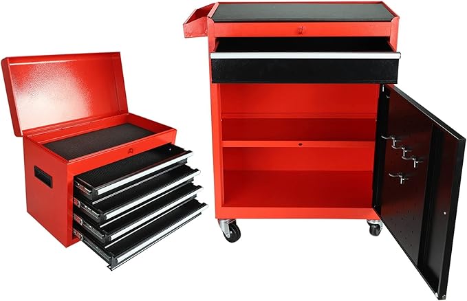 5-Drawer 2 in 1 Rolling Tool Chest, Tool Storage Cabinet w/Drawers, Wheels, Detachable Top, Mechanic Tool Organizer Box for Garage, Workshop, Warehouse Red & Black Durable Lockable