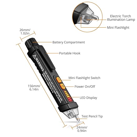 Neoteck 12-1000V AC Non-Contact Voltage Tester Detector with Led Flashlight Buzzer Alarm Live/Null Wire Judgment- Black