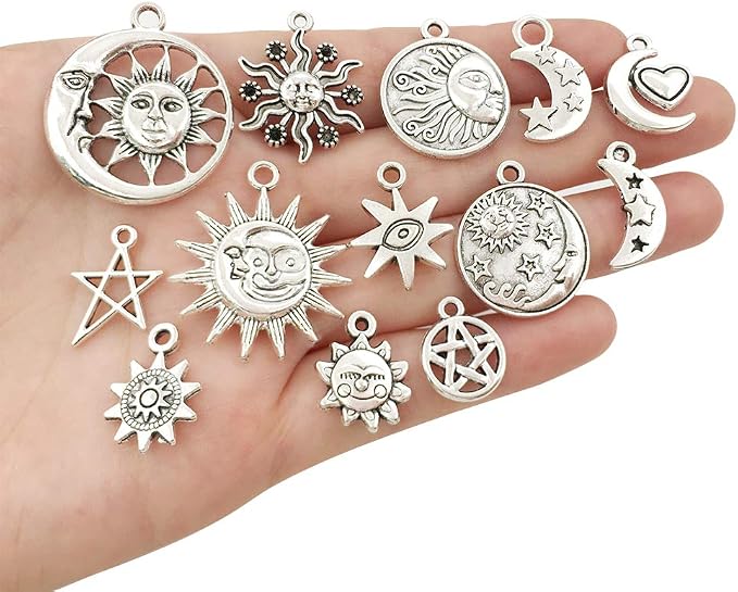 100 pcs Craft Supplies Mixed Antique Silver Sun Moon Stars Charms Pendants - Image 4