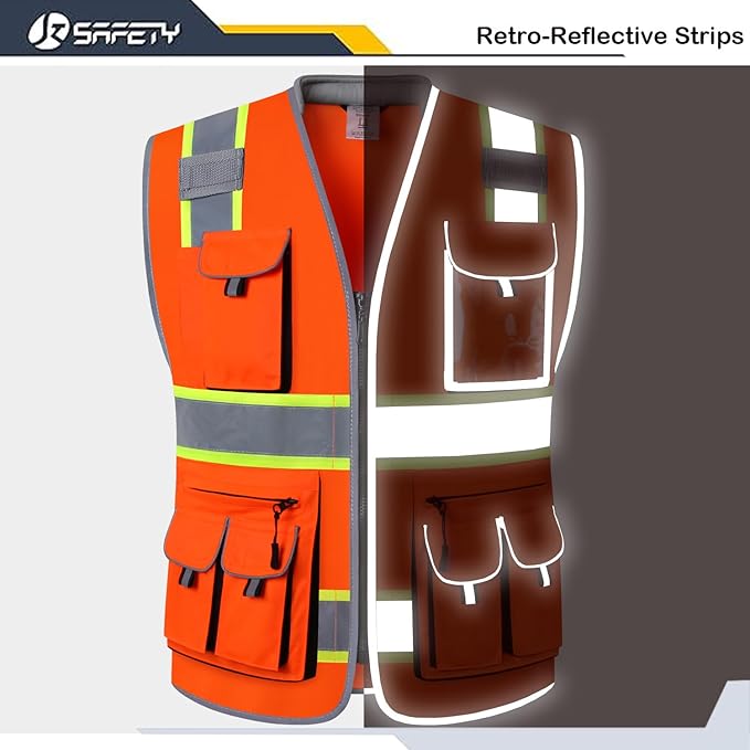 JKSafety 10 Pockets Class 2 Hi-Vis Zipper Front Safety Vest | Cushioned Collar | High Reflective Tapes with Extended Neon Yellow Strips | Meets ANSI/ISEA Standards (X-Large, 89-Orange)
