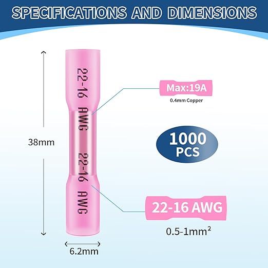 1000 Pcs Red Heat Shrink Butt Connectors, AWG 22-16 Marine Grade Wire Connectors, Insulated Watertight Electrical Connectors for Marine, Cable, Automotive, Industrial, Home