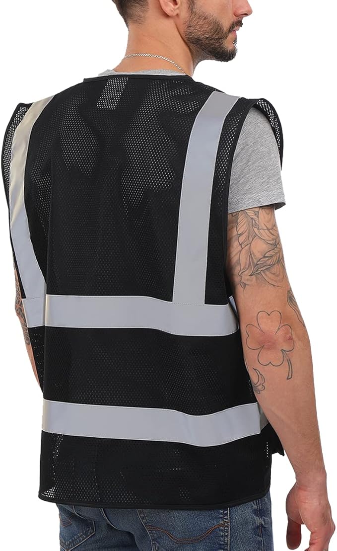 Dib Safety Reflective Mesh Vest High Visibility with Pockets and Zipper, Black Mesh 2X