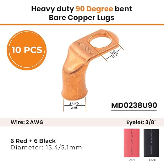 SELTERM 10pcs - 2 AWG 3/8" Stud - 90° Bent Battery Lugs - Ring Terminal Connectors with 12pcs 3:1 Black & Red 5/8" Heat Shrink Tubing - Heavy Duty Battery Cable Ends - Bare Copper Wire Connectors Kit