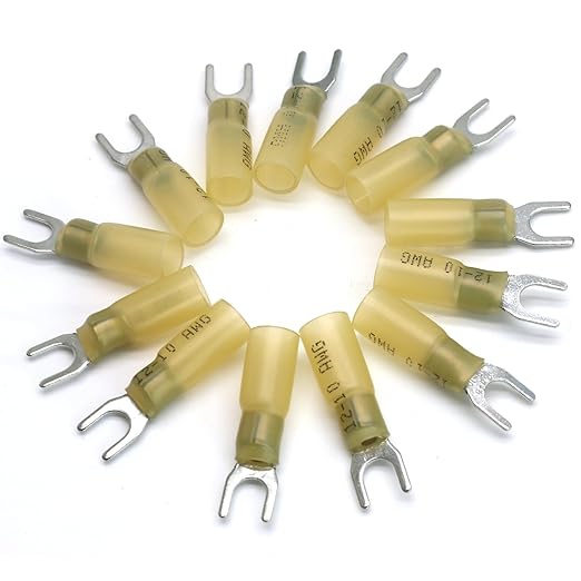 Hordion 100PCS 12-10 AWG Fork Connector, Yellow Heat Shrink Fork Terminals Waterproof and Insulated Electrical Crimp Connectors for Boat Truck Stereo