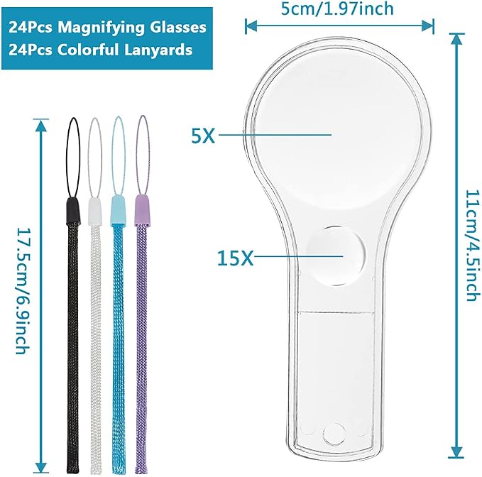24 Pack Plastic Magnifier, Mini Magnifying Glass 5X and 15X Handheld Reading - Image 2
