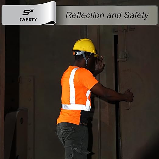 sesafety Hi Visibility Shirts for Men, Safety Shirts with Reflective Strips Class 2, Hi Vis Construction Work Shirt with Pocket Orange 2XL