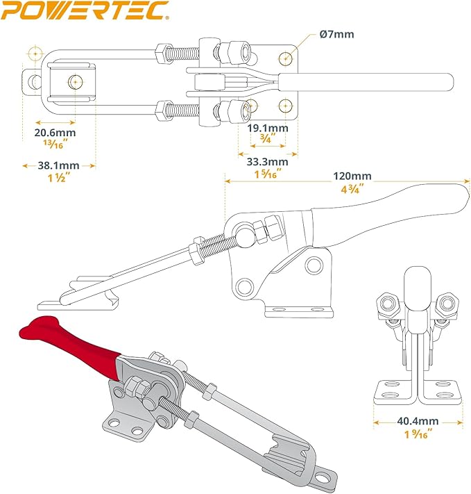 POWERTEC 2PK Toggle Clamp, 1000 lbs Holding Capacity, 334 Adjustable 90 Degree Vertical U Bolt Latch w/Antislip Hand Grip for Woodworking Jigs & Fixtures, Smoker, Tire Carrier, Cabinet (20309-P2)