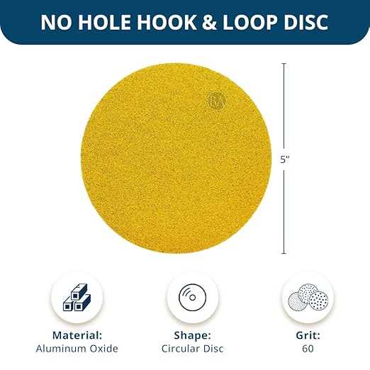Benchmark Abrasives 5" Premium Aluminum Oxide Stearated Gold No Holes Hook and Loop Discs for Sanding of Metals Non-Ferrous Metals Wood Plastic Fiberglass (Pack of 50) - 60 Grit