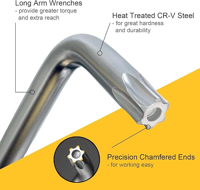 Long Arm Torx Star Allen Wrench Set, Star Key Set T10-T50, Hex Key Set Chrome Vanadium Steel(Cr-V), Tamperproof TORX L- Key Set (9-Piece)