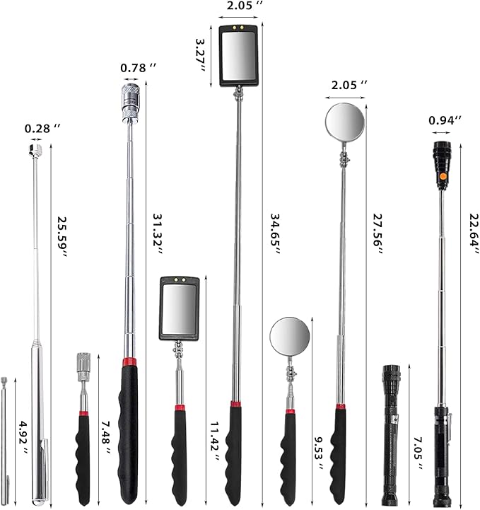 Telescoping Magnetic Pick Up Tool Magnetic Sweepers with 1 lb and 15 lb Pickup Rod, Round and Square 360 Swivel Adjustable Inspection Mirror and Flexible LED Flashlight, Birthday Gifts for Men, Dad