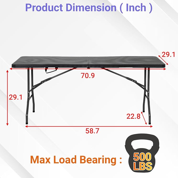 FDW 6FT Folding Table, Portable Fold-in-Half Plastic Picnic Party Table - Image 3