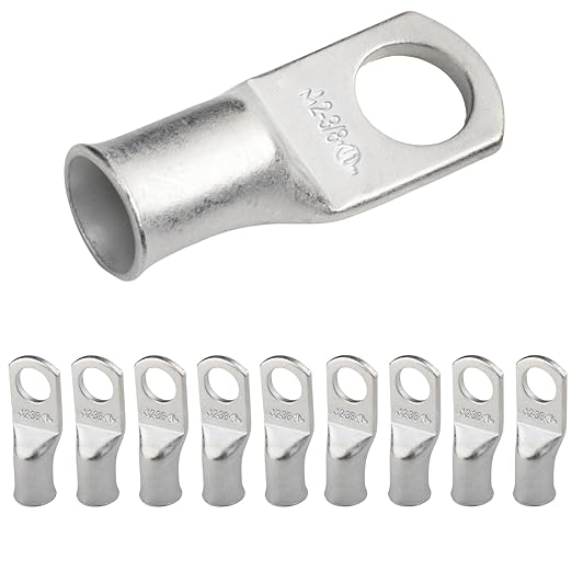 SELTERM 10pcs 2 AWG-3/8 Stud Tinned Copper Wire Lugs, Heavy Duty Battery Cable Ends,2 Gauge Ring Terminals, UL Battery Lugs Marine Grade Copper Eyelets Electrical Battery Terminal Connectors