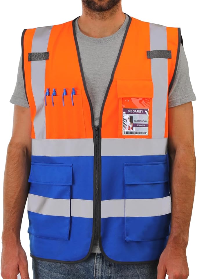 Dib Safety Reflective Vest High Visibility with Pockets and Zipper, Orange and Blue M