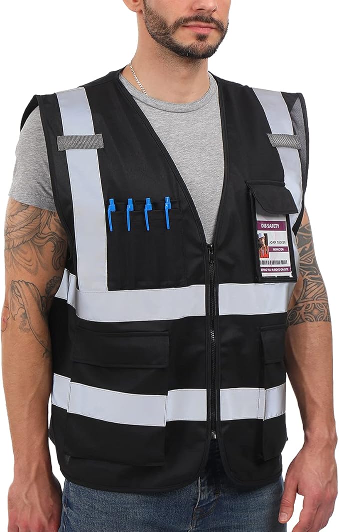 Dib Safety Reflective Vest High Visibility with Pockets and Zipper, Black XL