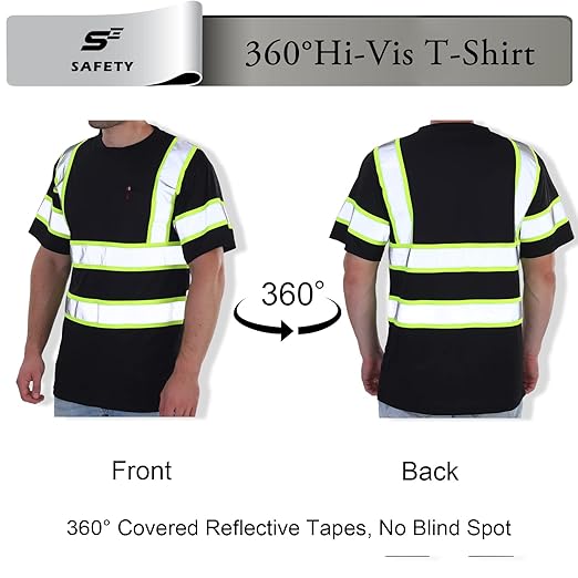 sesafety High Visibility Shirts for Mens Class 3 Hi Vis Reflective Construction Shirts for Men with Pocket Safety T Shirts for Men Work Shirt for Mens Short Sleeve Black Yellow Strips M