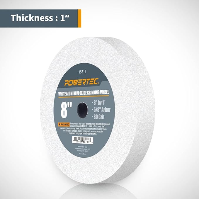 POWERTEC Bench Grinder Wheel 8 Inch White 80 Grit, White Aluminum Oxide Grinding Wheel for Bench and Pedestal Grinder, 1" Thick 5/8" Arbor, Sharpening & Shaping Drill Bits, Blade, Chisel, 2PK (15552)
