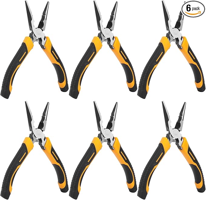6 Packs 6 Inch Long Needle Nose Pliers with Wire Cutter, Small Long Nose Cutting Pliers Bulk for Electricians, Grips Small Parts, Bend Wire, Electronics Repair, Jewelry Making Tools, etc, by GENHAKON