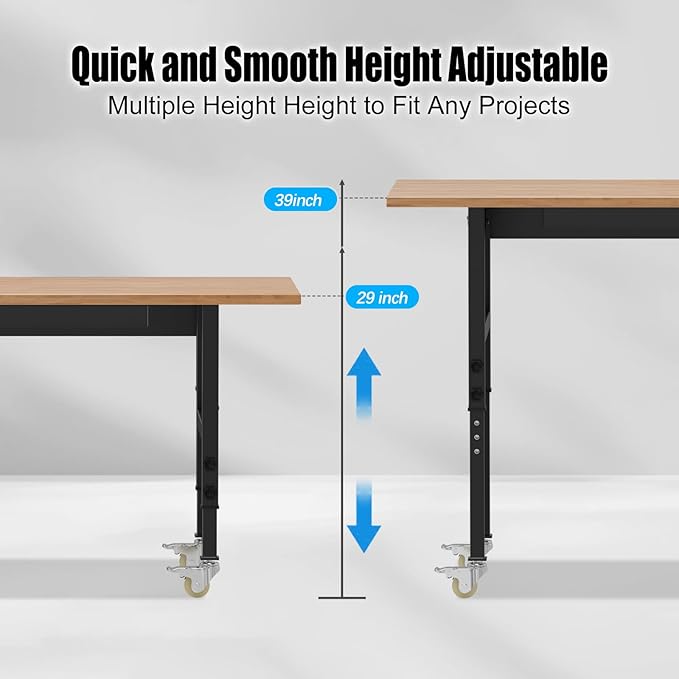 48” Adjustable Wood Work Bench, Heavy Duty Work Table with Power Outlets & Drawers Wheels for Workshop, Garage, 3000 Lbs Capacity