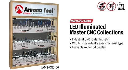 Amana Tool AMS-CNC-48M, Metric CNC Master Router Bit Collection Includes 48 SKUs and LED Illuminated, Mirrored Interior and Solid Wood Display