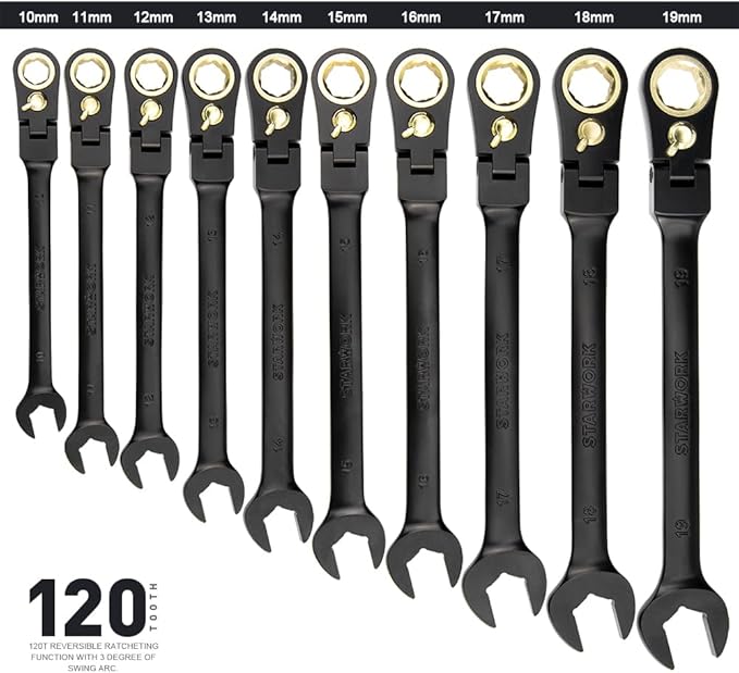 TRUE MECHANIC™ 20-Piece, 120T, Reversible, Flexible Ratcheting Wrench Set, Non-Slip, Long Pattern, SAE/Metric, Professional, With Portable Roll-Up Pouch Bag