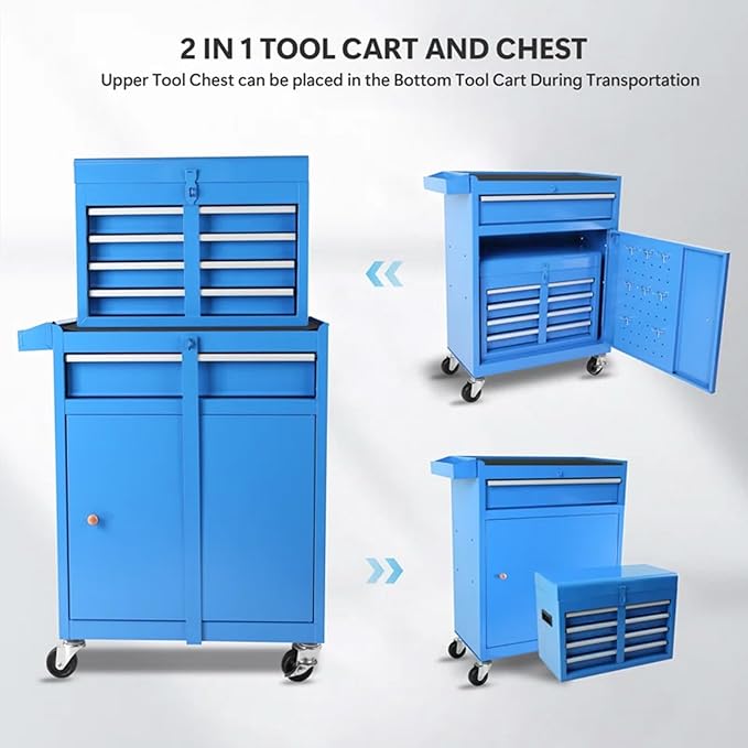 Rolling Tool Chest - 5 Drawers Tool Box Organizer with Lockable Wheels, Sliding Drawers, Detachable Top Tool Box - Tool Storage Cabinet for Garage Workshop, Blue
