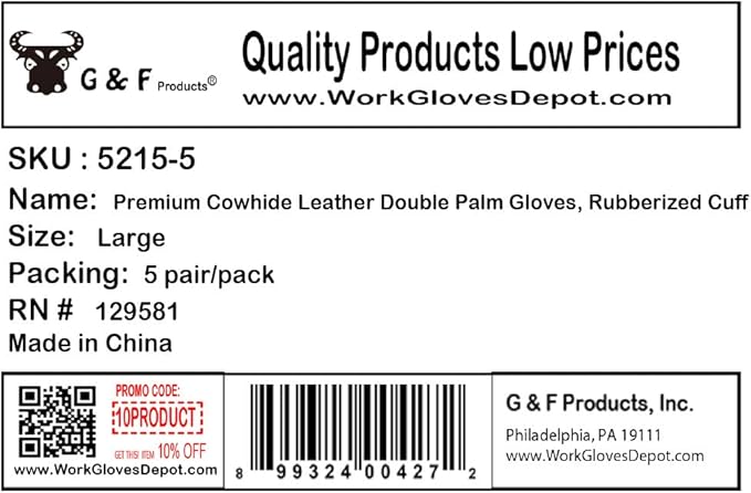 5 Pair Pack Leather Palm Work Gloves Cowhide Leather Suede Finish A Grade Premium