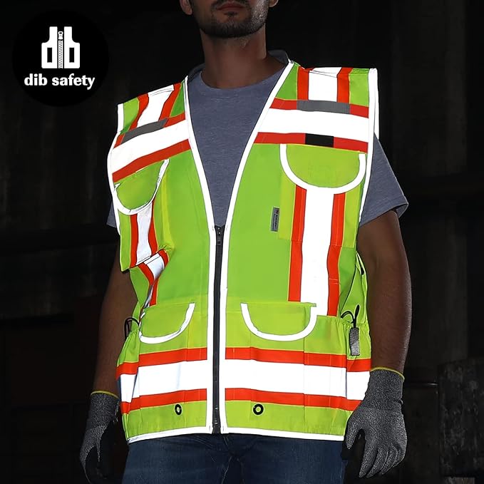 Dib Safety Reflective Vest Heavy Duty, High Visibility Two Tone Engineer Vest, Made with 3M Tape, Padded Collar, Retractable ID Pocket, Yellow XL