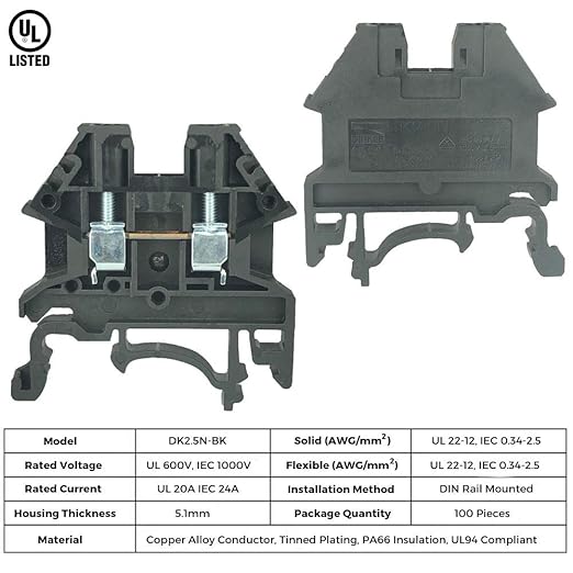 Dinkle Black DK2.5N-BK DIN Rail Terminal Block Screw Type UL 600V 20A 12-22AWG, Pack of 100