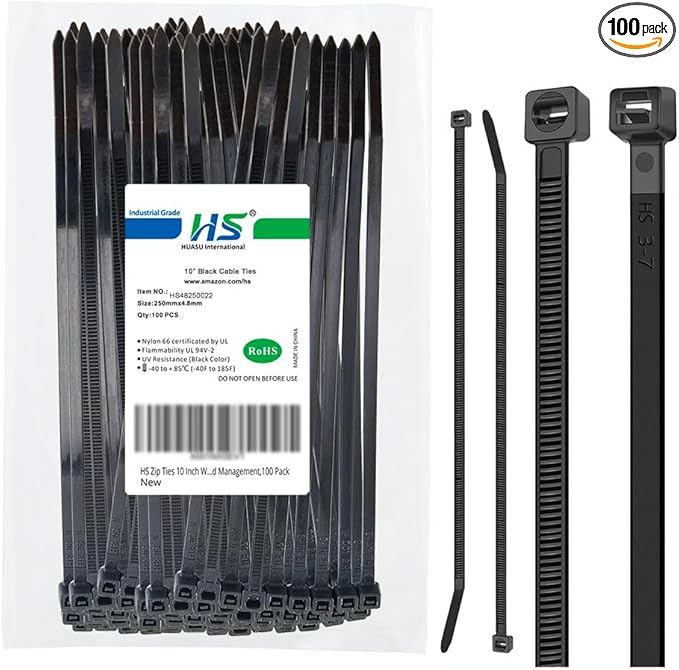 HS 10 Inch Zip Ties Black 50 Pounds Tensile Strength Strong Wide Straps (100 Pack) Nylon PA66 UV Resistant,Self-Locking Medium Electrical Plastic Cable Wire Zipties for Outdoor Use,Multi Purpose