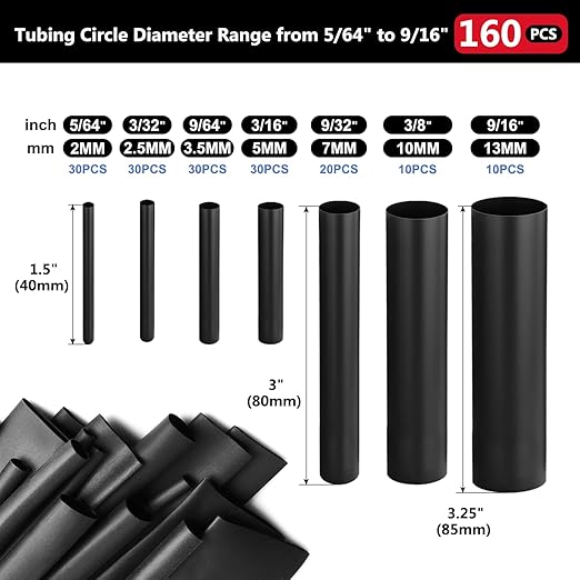 Chanzon 160 Pcs Heat Shrink Tubing Kit, 2:1 Black Heat Shrink Wrap Tubing with Length 1.5" 3" (inch), Polyolefin Sleeving 2 to 1 Heat-Shrink Tube