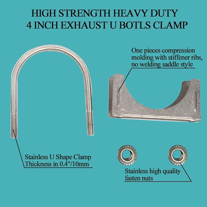 Universal 4 Inch Exhaust Clamp, Heavy Duty Stainless 4" U-Bolt Clamp