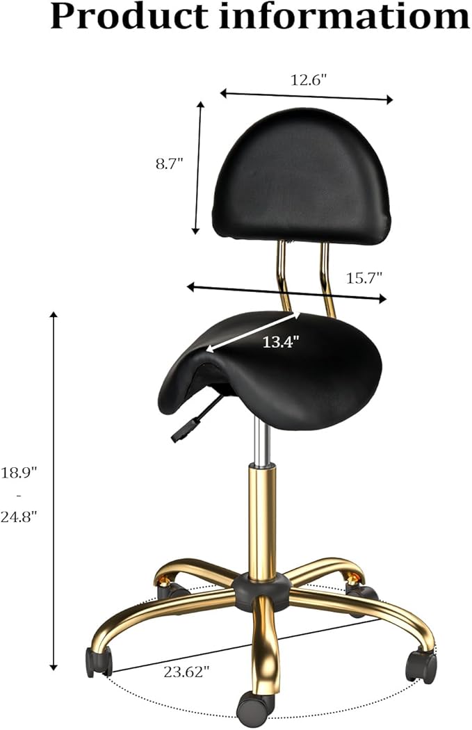 OmySalon Drafting Chair,Ergonomic Saddle Stool with Back Support,Tall Adjustable Rolling Stool with Thick Seat Cushion, Office Computer Chair for Salon Barber Spa Home Bar, Black Gold