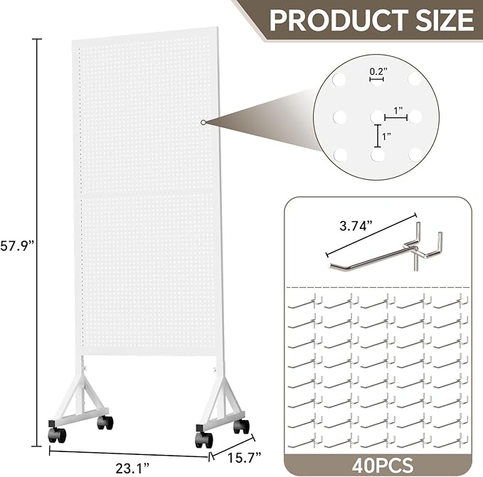 Metal Pegboard Display Stand 2 x 4.9 Feet, Adjustable Height with 40 Peg Board Hooks and Wheels, pegboard display rack, Craft Display Rack, Retail Display Rack, Garage Peg Board, Pegboard