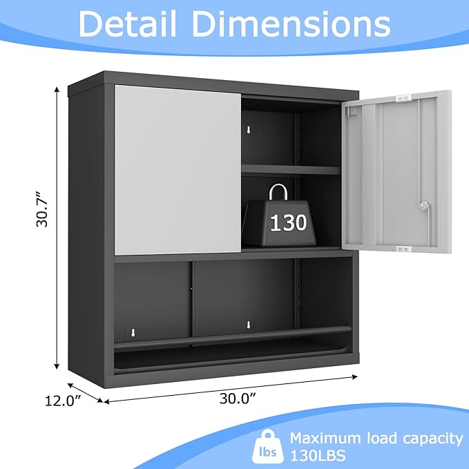 Metal Cabinet Wall Mounted, Garage Wall Storage Cabinets with 2 Door & Adjustable Shelves, Metal Wall Storage Cabinet for Bathroom, Office, Warehouse
