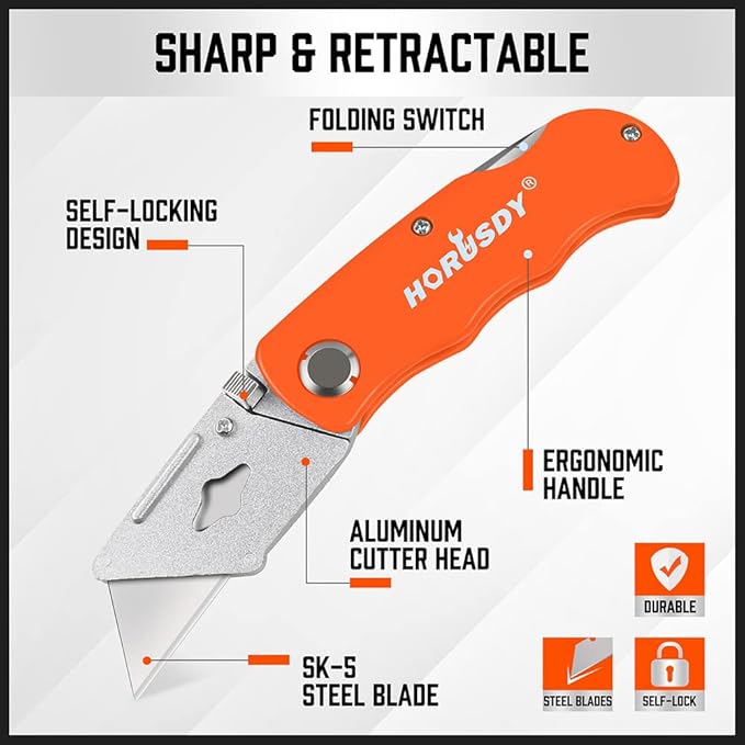 HORUSDY 4-Pack Folding Utility Knife, Box Cutter for Cardboard, Boxes and Cartons, Extra 10pcs SK5 Quick Change Blades.