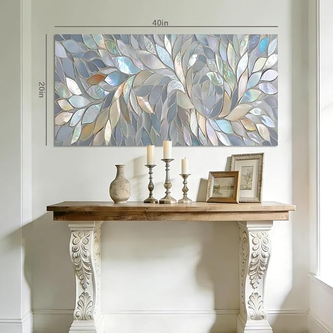 ZESTRILIA Iridescent Mosaic Leaf Canvas Wall Art, Abstract Mother of Pearl Print - Image 8