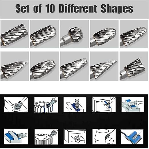 Tungsten Carbide Rotary Burr Set for Dremel, 10PCS Carbide Double Cut Carving Burr Bits with 1/8” Shank Rotary Tool Accessories for Woodworking, Engraving, Drilling, Steel Metal Working