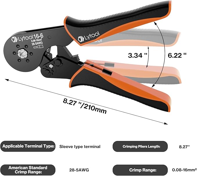 Hexagonal Ferrule Crimper Tool AWG28-5 (0.08-16mm²), Lytool Wire Ferrule Crimping Tool, Self-Adjustable Ratchet Wire Crimping Pliers for Wire Ferrules Terminals Connector Kit, Cables End-sleeves